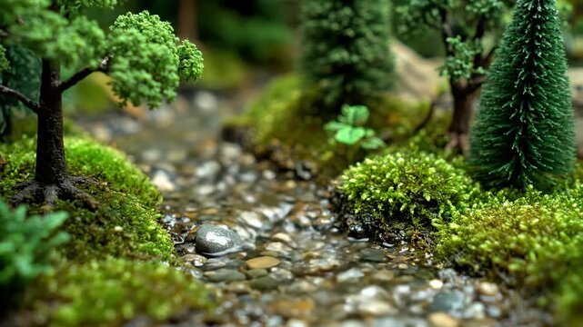 Miniature landscape scene with a shallow stream, lush moss, and tiny trees. Realistic depiction of nature, inviting exploration
