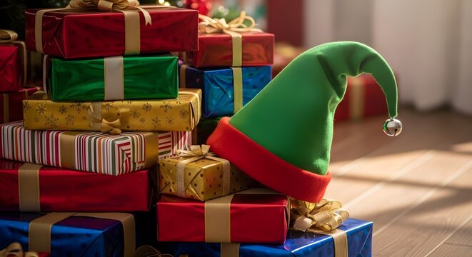 Stacked holiday presents with a green elf hat resting atop during warm festive lighting