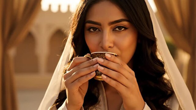 A woman is holding a cup of coffee to her lips. She has dark hair and a scarf. Soft lighting and backdrop