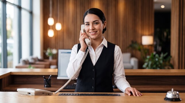 Hotel receptionist answering call on telephone at front desk counter. Smiling hispanic clerk providing guest service and accommodation booking in modern lobby.