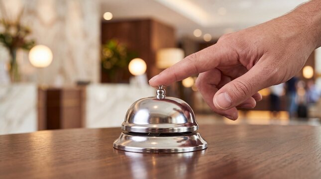 Arriving hotel guest pressing silver service bell on wooden front desk. Modern traveler requesting concierge assistance and check in registration at luxury reception.