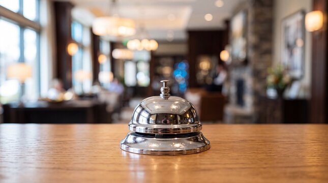Chrome service bell with polished metallic surface resting on wooden reception counter, representing luxury hospitality, boutique hotel concierge service and premium guest accommodation.