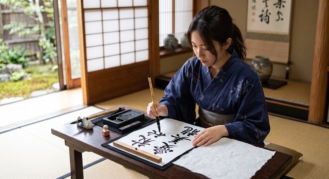 A Woman Practicing Japanese Calligraphy in a Traditional Tatami Room: 'Love, Dream, Beauty, Harmony, and Dragon'
