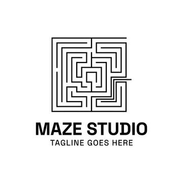 Square labyrinth maze logo illustration.