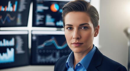 Fototapeta premium Business woman looking at digital finance charts on office screens