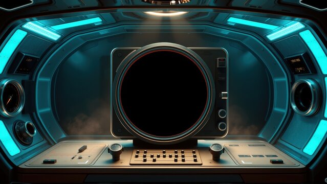 Futuristic spaceship interior. Control panel dominates view. Circular window shows darkness. Blue lighting creates dramatic effect. Minimalist design.