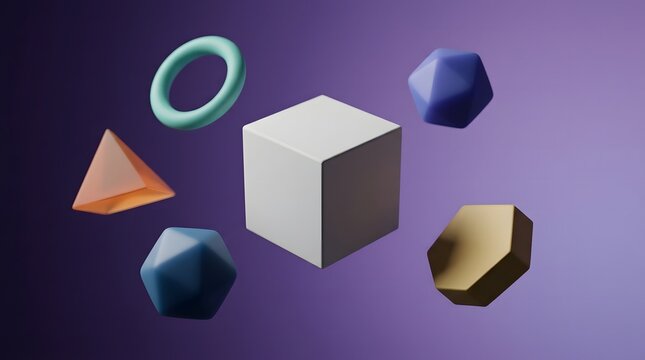 Abstract geometric shapes floating in a soft gradient purple and orange background