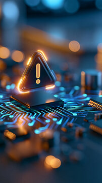 Glowing warning symbol floating above a digital circuit board, bright futuristic technology scene, pulsing blue circuitry lines, system alert concept, artificial intelligence