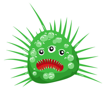 Green pathogen monster. Evil face cartoon character