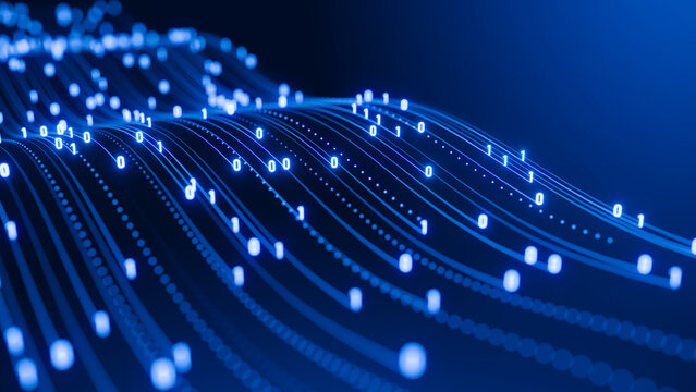 Streaming data moving - Binary Digital Code road ai artificial intelligence concept - 3d illustration