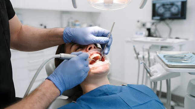 Dental Hygienist Adjusting Equipment Near Patient&rsquo;s Mouth, Professional Dental Care and Oral Hygiene