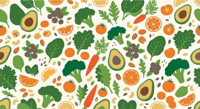 Seamless Floral and Easter Egg Pattern with Colorful Flowers, Fresh Fruits, Citrus, Leaves and Decorative Spring Elements for Wallpaper and Textile Design