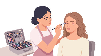 Fototapeta premium Professional female makeup artist applying eyeshadow with brush on client 