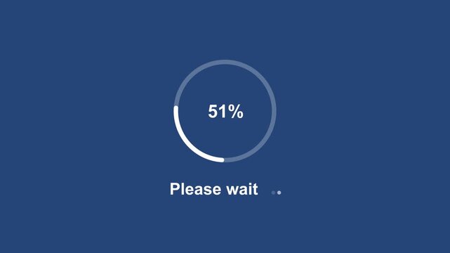 Dynamic circular loading progress bar animation with percentage counter and please wait text on a clean minimalist dark blue background, for modern digital, user interface and, software applications