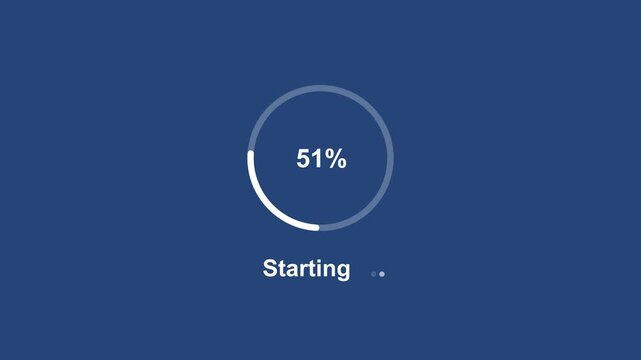 Dynamic circular progress bar animation featuring incremental percentage loading indicators and a pulsing starting text overlay for modern user interface and software development projects