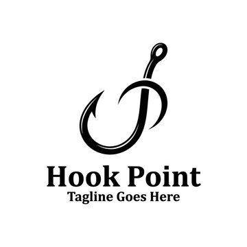 Stylized fishing hook branding with elegant curve.