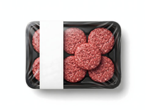 Raw beef burger patties in a plastic tray with a blank white label