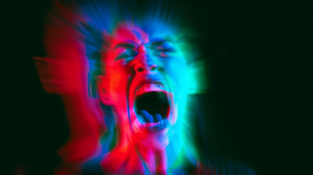 Terrifying woman with a distorted screaming face emerging from darkness, intense red, blue and green glitch lighting creating chromatic distortion, motion blur and a disorienting s