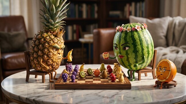 Anthropomorphic pineapple and watermelon characters playing a game of chess on a marble table