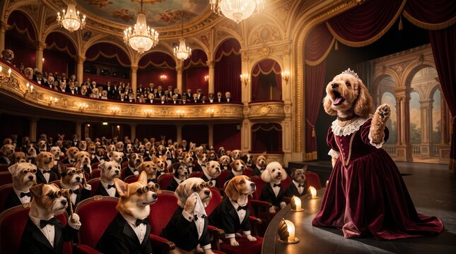 Dog dressed as an opera singer performing on a grand theater stage before an audience of dogs