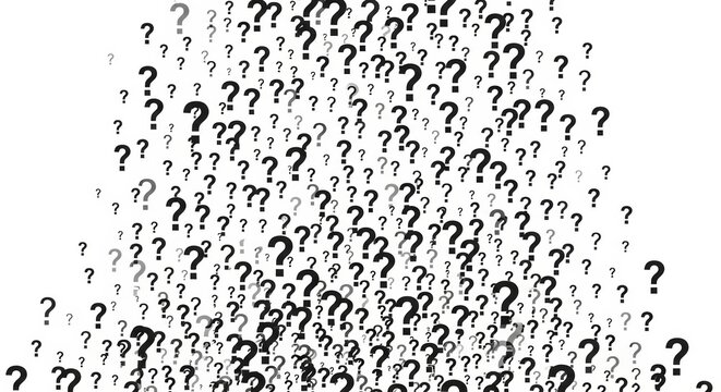 Abstract background featuring a scattered pattern of black and gray question mark symbols on a white backdrop for conceptual designs