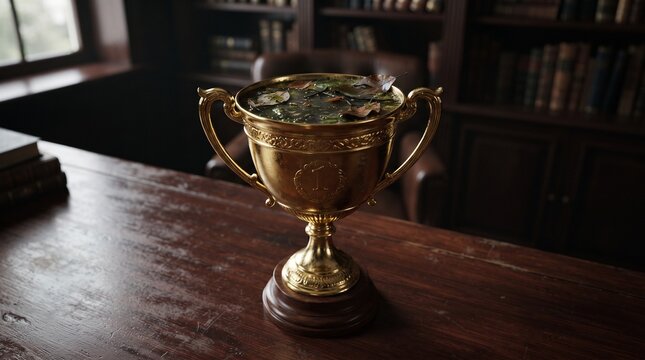 A golden first place trophy cup filled with dirty stagnant swamp water representing the hollow victory of unethical business practices.