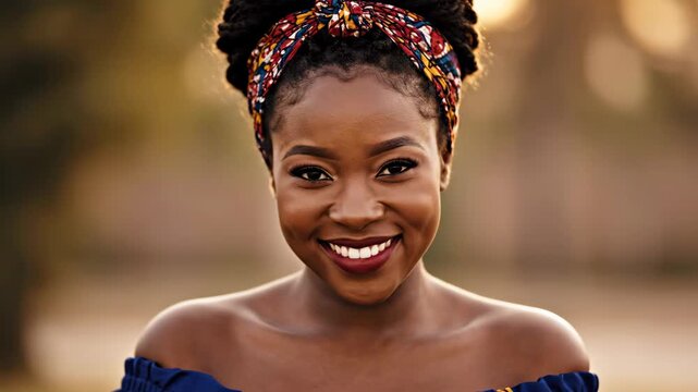 A smiling woman with a colorful headband, dark skin, and a blue top