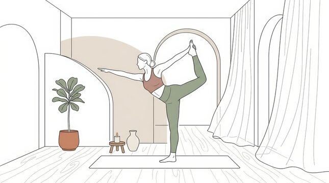 A minimalist interior design sketch shows a potted plant near an arched doorway with a view of the outside world in soft pastel