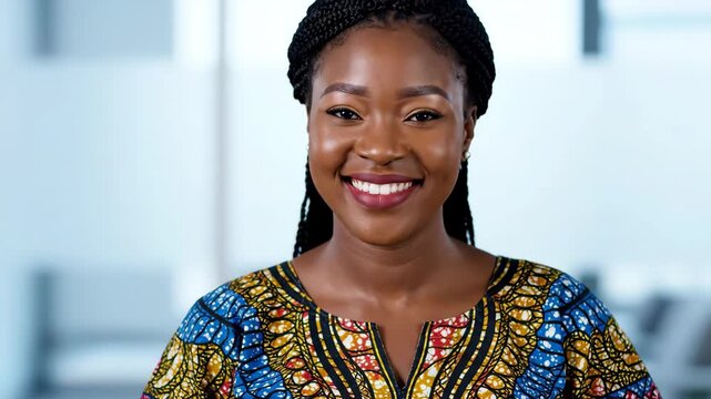 A smiling woman with braided hair and a colorful patterned dress looks directly at the camera