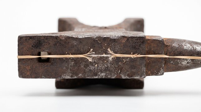 A thick rubber band stretched to the breaking point over a heavy iron anvil representing extreme financial strain and economic tension.