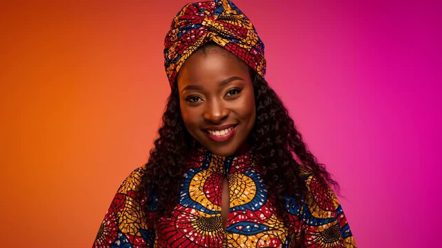 A smiling woman wears a patterned headscarf and a colorful, patterned dress, facing forward