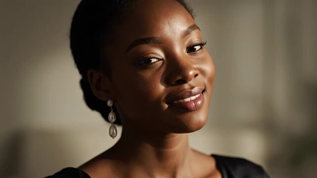 A close-up shot of a Black woman with radiant skin and pearl earrings. She's smiling softly, with light highlighting her features
