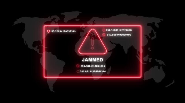 Digital signal jamming alert warning overlay with glowing red neon warning triangle and rapidly changing data coordinates on a dark global map background, for cybersecurity and, tech concepts