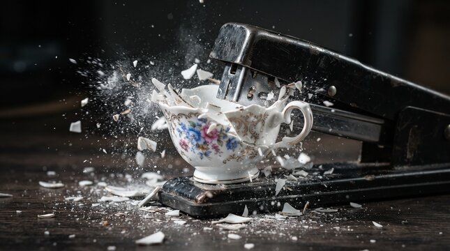 A heavy duty stapler crushing a delicate porcelain teacup representing aggressive hostile takeovers in the corporate market.