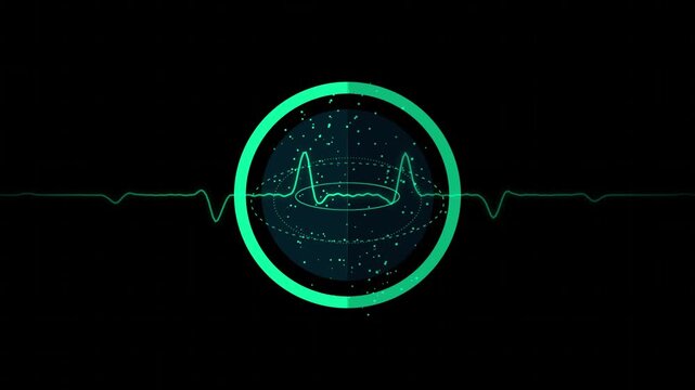 Futuristic green HUD circular radar with digital heartbeat EKG waveform on black background