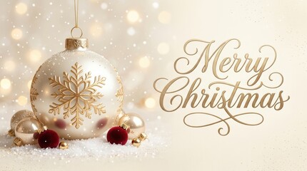 Obraz premium Elegant Merry Christmas greeting with festive ornaments and bokeh lights