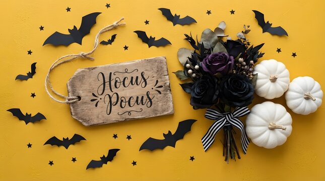 Halloween flat lay with hocus pocus wooden sign, black roses, white pumpkins, and paper bats on a yellow background