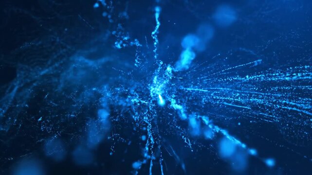 Glowing particles and lines converge and diverge in abstract blue patterns, suggestive of energy