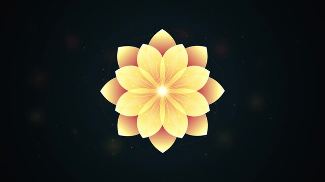 A seamless looping 16:9 motion background featuring a glowing bioluminescent fire-flower with morphing crimson petals, golden spiral filaments, and drifting amber embers over a dark teal vignette. Ide