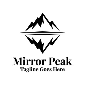 Symmetrical mountain reflection logo for outdoor adventure brands.