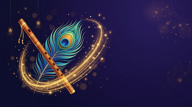 Lord Krishna bamboo flute bansuri and peacock feather with glowing golden magic light on dark blue background
