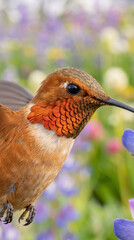 Fototapeta premium Colorful Hummingbird In Flight Near Blooming Violet Flowers In Meadow