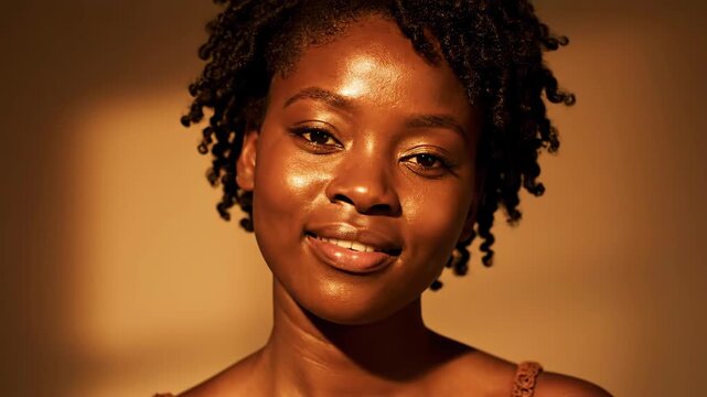 A close-up portrait shows a radiant, dark-skinned person smiling in warm light, with detailed skin
