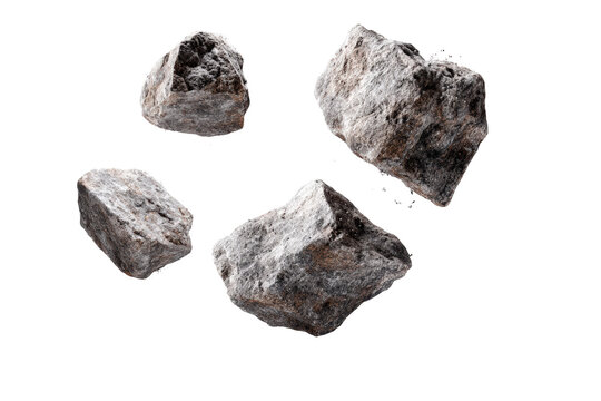 Floating rocky meteorite fragments isolated on white