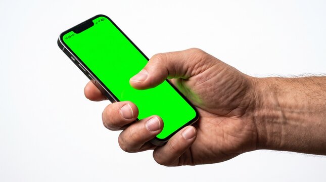 Hand holding modern smartphone featuring vibrant green chroma key screen display for custom compositing in high resolution studio lighting captured with sharp professional camera lens
