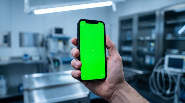 Human hand holding modern smartphone with bright green chroma key screen featuring tracking markers for professional digital compositing in high quality studio lighting camera setup
