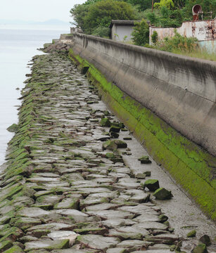 Stone foundation protecting a river wall against water erosion