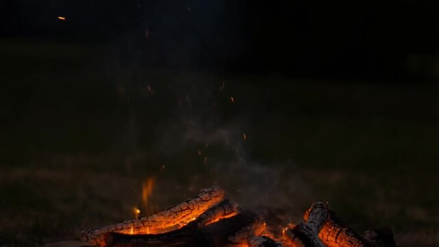 Glowing campfire embers at night, burning wood logs with orange flames and smoke, cozy outdoor fire pit for camping and backyard relaxation