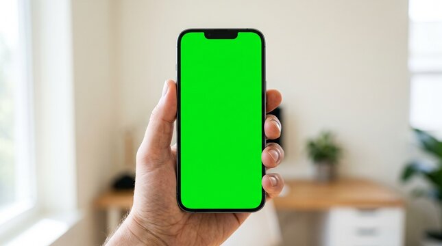 Modern smartphone with blank green screen held by human hand for creative graphic composition showcasing digital technology interface design in bright natural indoor lighting settings