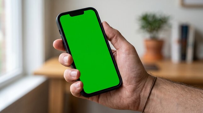 Hand holding modern black smartphone with bright green chroma key display screen featuring crisp sharp focus and realistic natural lighting for professional digital marketing application mockups